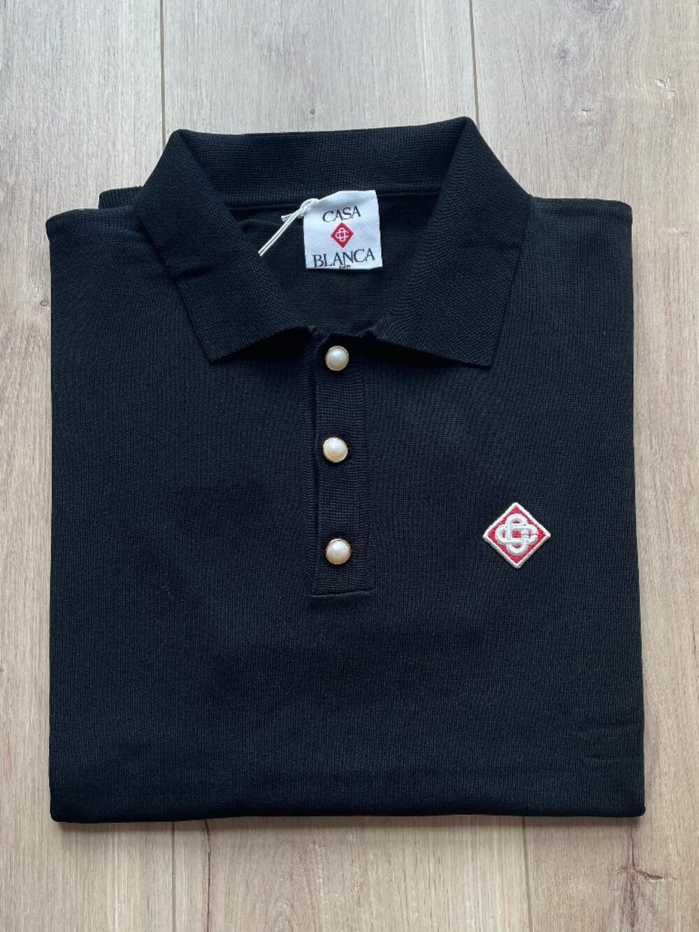 Casablanca Men's Knit Polo Shirt Black Short Sleeve Pearl Buttons Size L